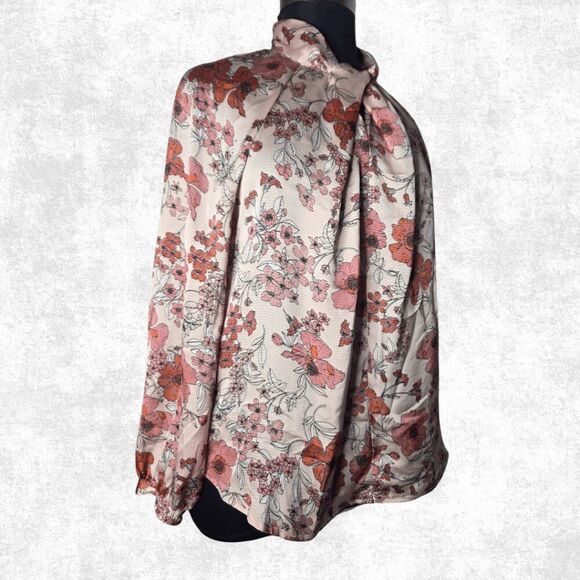 Liz Claiborne Tops - Liz Claiborne Floral Bow Neck Blouse – XL – Long Sleeve Blush Pink Top